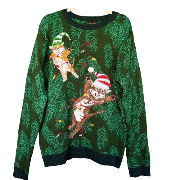 Blizzard Bay Sweater Mens Large Green Christmas Cats Lights Ugly Holiday Pompom - Picture 1 of 10